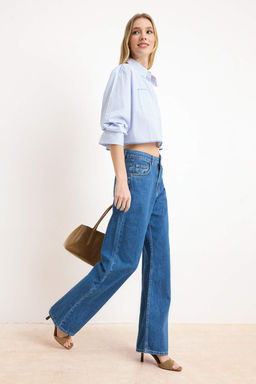 Gri DOKUMLU Yuksek Bel MEVSIMLIK %100 Pamuk Uzun Boy Wide Leg Jeans TWOSS26JE00127 - Trendyolmilla фото 3