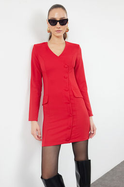 K?rm?z? Cep Detayl? Dugmeli V Yaka Dokuma Ceket Elbise TWOAW24EL00629 - Trendyolmilla фото 2