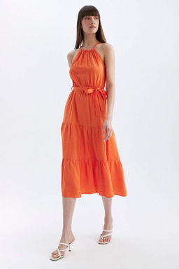 Платье миди без рукавов с воротником-халтер и поясом - Defacto фото 2