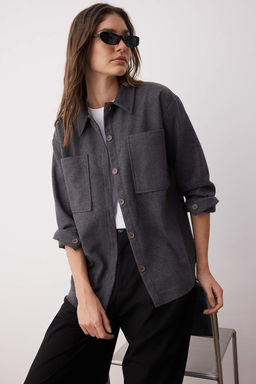 TRENDYOLMILLA Mavi Cift Cepli Oversize/Genis Kal?p Kase Dokuma Gomlek TWOAW23GO00356  фото 2