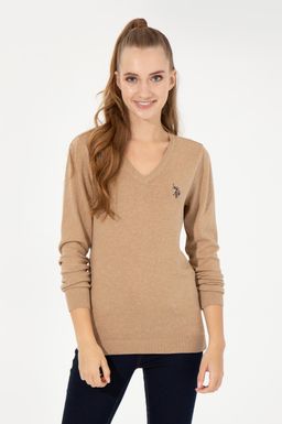 U. S. Polo Assn Женский базовый свитер светло-коричневого цвета с v-образным вырезом меланжевого цвета