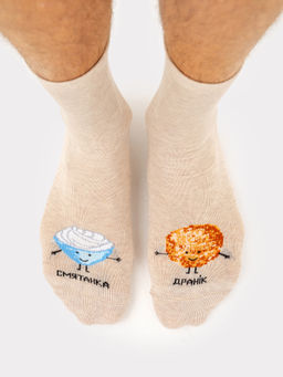 Цена за 5 пар! Носки унисекс бежевые с рисунком в виде драника и сметанки бежевый меланж 550U-2717