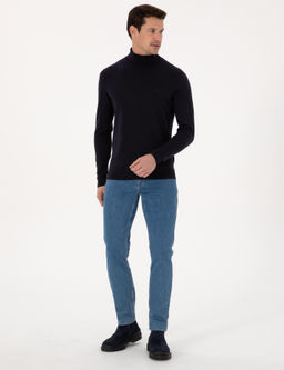 Lacivert Slim Fit Pamuk Kar___ml_ Bal_k__ Yaka Basic Triko Kazak