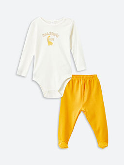 Uzun Kollu Bask?l? Erkek Bebek ??t??tl? Body ve Pantolon 2li Tak?m