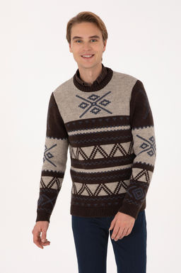 Erkek Comfort Fit Bisiklet Yaka Kahverengi Kazak