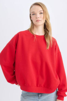 Coool Oversize Genis Kal?p Bisiklet Yaka Kal?n Basic Duz Sweatshirt