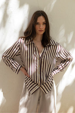 Bej Cizgili Gomlek TWOSS25GO00172 - Trendyolmilla фото 10