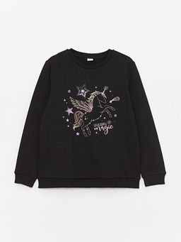 Bisiklet Yaka Bask?l? Uzun Kollu K?z ?ocuk Sweatshirt