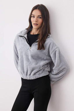 Gri Pelus Fermuarl? Dik Yaka Orme Sweatshirt TWOAW26SW00096