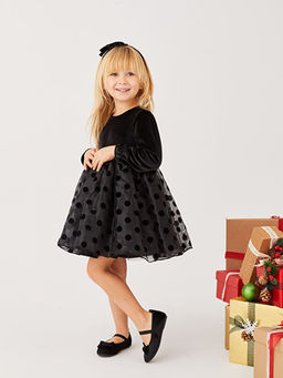 Bisiklet Yaka Uzun Kollu Kadife K?z Bebek Elbise ve Ta? 2li Tak?m