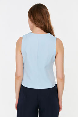 Ac?k Mavi Fitted Dugmeli Crop Dokuma Yelek TWOSS21YE0009