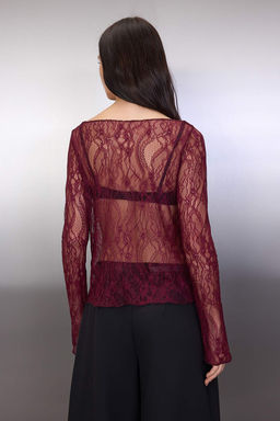 Koyu Bordo Regular Fit Kay?k Yaka Dantel Esnek Orme Bluz TWOSS23BZ00795