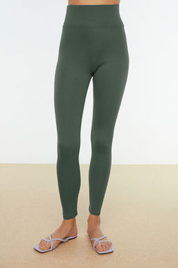 Koyu Yesil Yuksek Bel Basic Beli Lastikli Interlok Orme Tayt TWOAW20TA0047