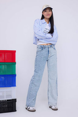 Teen Mavi Renk Bloklu Yuksek Bel Genis Paca Wide Leg Jeans TWOAW26JE00013