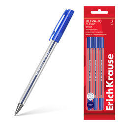 Цена за 12 шт. Набор из 3 ручек шариковых ErichKrause ULTRA-10 Stick Classic 0.7, Super Glide Technology, цвет чернил синий (в пакете)