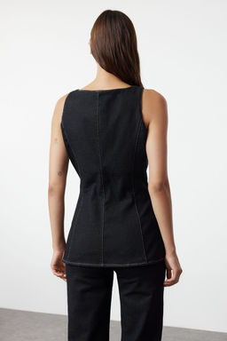 Trendyolmilla Siyah Dikis Detayl? Fermuarl? Kare Yaka Denim Bluz TWOAW25BZ00005  фото 5