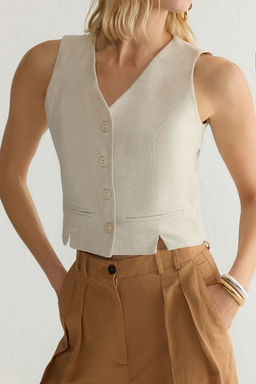 TRENDYOLMILLA Ac?k Haki Fitted Keten Gorunumlu V Yaka Crop Dokuma Yelek TWOSS25YE00028  фото 4