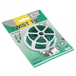 Шнур для подвязки растений, для скрепления проводов, завязывания пакетов и других мелких бытовых нужд 30м, на пластиковой катушке, с ножом, мягкая металлическая проволока, полиэтилен металлизированный, на картоне, цвет зеленый (Китай)