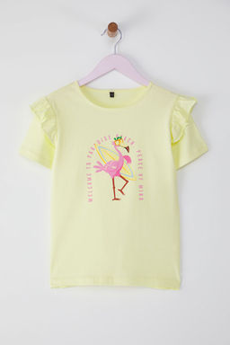 Sar? K?z Cocuk %100 Pamuk Flamingo Bask?l? K?sa Kol Orme T-Shirt TKDSS25TS00061 - Trendyolmilla фото 3