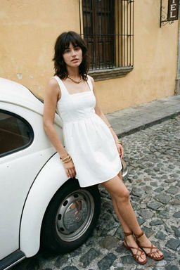 Beyaz Belden Ac?lan Kare Yaka Ask?l? Volanl? Astarl? Mini Dokuma Elbise TWOSS23EL00601