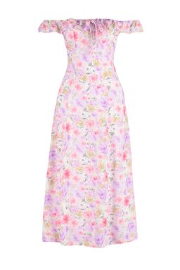 TRENDYOLMILLA Mor Cicek Desenli A Kesim Carmen Yaka Form Midi Dokuma Elbise TWOSS23EL01243
