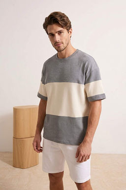 Gri Oversize/Geni_ Kesim Renk Bloklu Dokulu T-Shirt TMNSS25TS00065