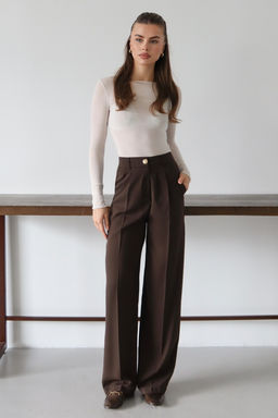 Koyu Kahverengi Yuksel Bel Genis Paca Dokuma Pantolon TWOAW26PL00161