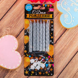 Набор свечей в торт С днем рождения, серебряные, 6 шт.