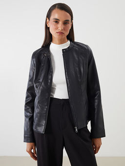 Bisiklet Yaka Kad?n Deri G?r?n?ml? Ceket