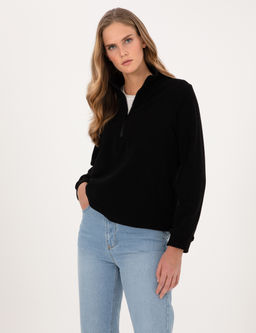Siyah Comfort Fit Fermuarl_ Polar Sweatshirt