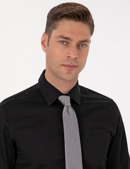 Siyah %100 Pamuk Parlak Saten Slim Fit Uzun Kollu Basic G_mlek