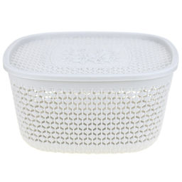 Домашняя мода Корзина-ящик пластмассовая Оренбургская сеточка 22,5х22,5см h11,5см, крышка с декором, с ручками, светло-серый (Китай)  фото 2