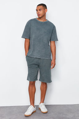 Antrasit Oversize/Genis Kesim Eskitme/Soluk Efektli Dokulu Lastik Belli Waffle Sort TMNSS24SR00047