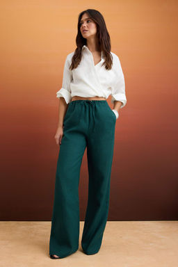 Petrol %100 Keten Beli Lastikli Normal Bel Wide Leg Pantolon TWOSS26PL00048