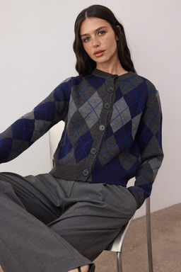 Lacivert Bisiklet Yaka Baklava/Ekose Desenli Triko H?rka TWOAW26HI00234