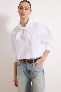 Koyu Kahverengi Pamuklu Yaka Fiyonk Baglamal? Genis Kal?p Poplin Gomlek TWOAW26GO00123 - Trendyolmilla фото 6