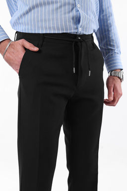 Siyah Slim Fit Beli Baglama Detayl? Lastikli Kumas Dokuma Pantolon TMNAW25PL00027