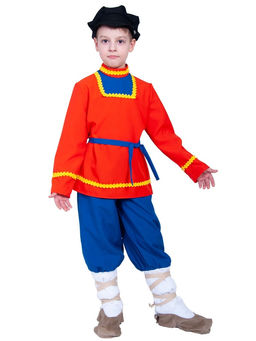 Костюм народный для мальчика Иванушка в лаптях, рубаха, штаны, картуз, лапти р-р. 128