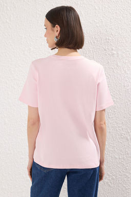 Pembe Slogan Bask?l? Kal?n Kumasl? Regular Kal?p Orme T-Shirt TWOSS25TS00159