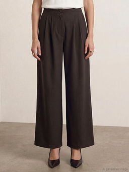 Y?ksek Bel Geni? Pa?a Pileli Kad?n Kuma? Pantolon