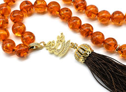 Четки 33 бусины "Иероглиф" из янтаря шарик 10мм цв.коньячный, 34см