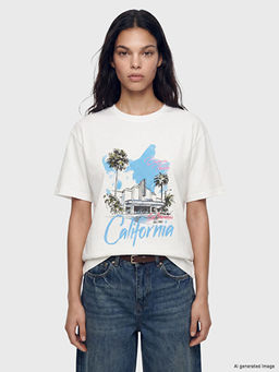Bisiklet Yaka California Bask?l? Kad?n Ti??rt