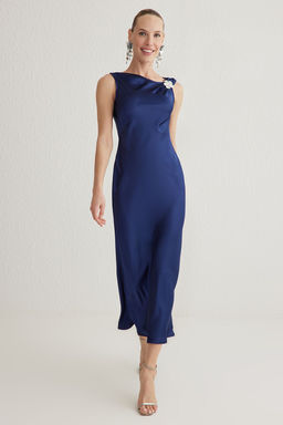 Lacivert A-Kesim Aksesuar Detayl? Saten Dokuma S?k Abiye Gece Mezuniyet Elbisesi TPRSS25EL00091