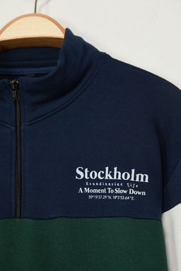 Zumrut Yesili Oversize/Genis Kesim Renk Blok Dik Yaka Fermuarl? Sardonsuz Sweatshirt TMNAW25SW00052