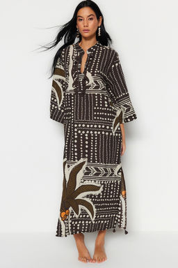 Siyah Cizgili Maxi Dokuma %100 Pamuk Puskullu Plaj Kimono&Kaftan TBESS20KM0024 - Trendyolmilla фото 8