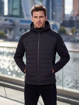 Куртка мужская гибридная стёганая с капюшоном с графеновой подкладкой черного цвета 9627_1Ch