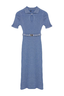 Mavi Midi Triko Merserize Gorunumlu Simli Elbise TWOSS24EL00852 - Trendyolmilla фото 6