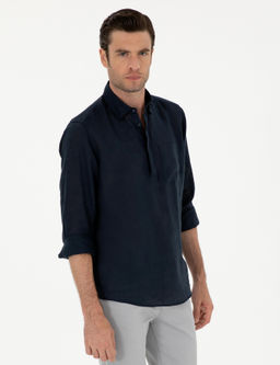 Lacivert Slim Fit Yar_m D__meli %100 Keten G_mlek
