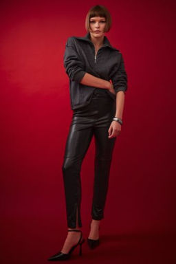 Suni Deri Basic Duz Fermuarl? Paca Yuksek Bel Tayt