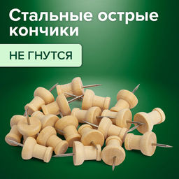 Силовые кнопки-гвоздики BRAUBERG WOOD, деревянные, 30 штук, 10 мм